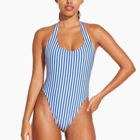 New! Vitamin A Alia One Piece Swimsuit- Blue and White Stripes - Picture 1 of 8
